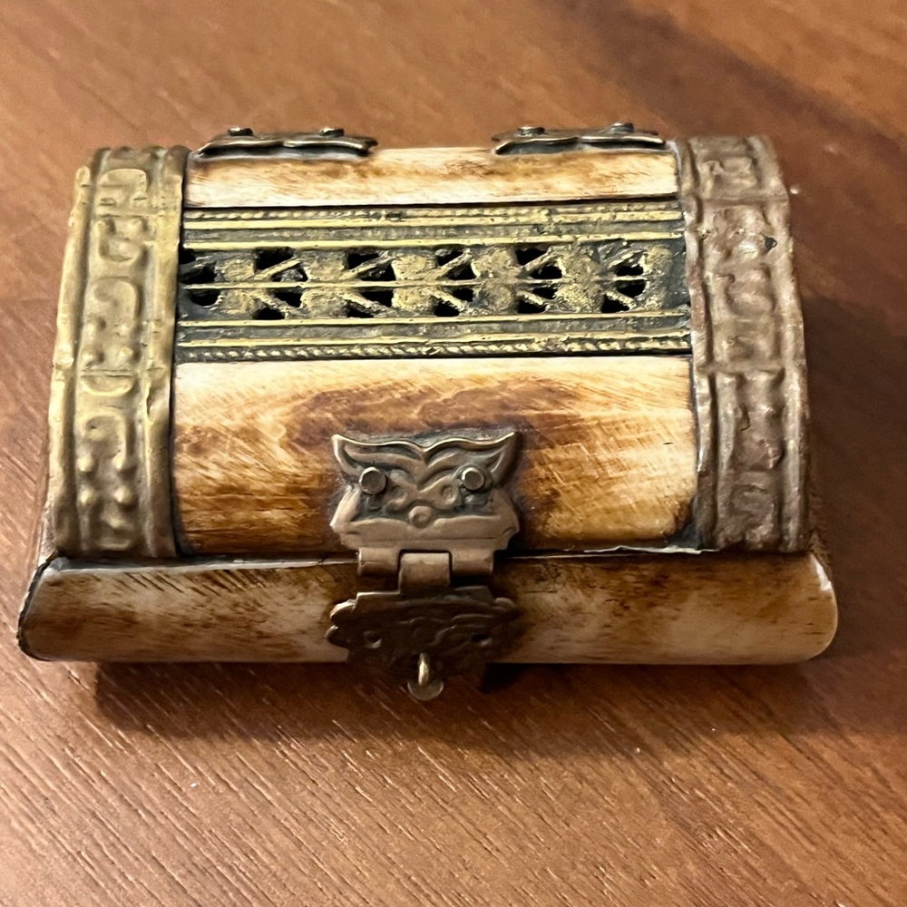 Vintage Camel Bone Trinket Box with Brass Accents – Velvet Lined – Made in India